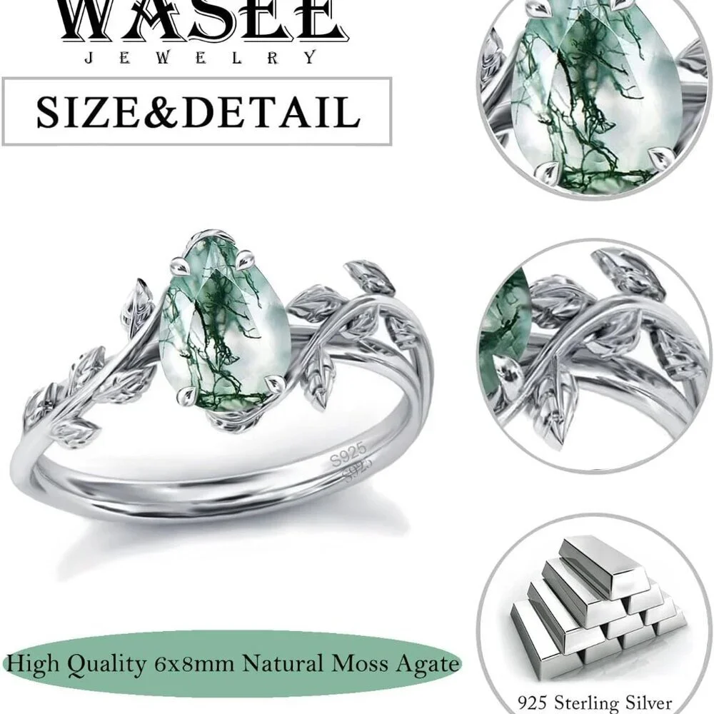 Natural Moss Agate Ring 925 Sterling Silver Opal Birthstone Ring 925 Sterling Si - Picture 6 of 6